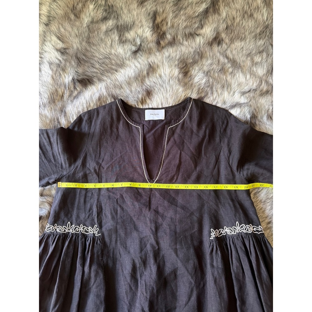 Merlette New York Black Linen Embroidered Split Neck Tunic Dress Long Sleeve - Picture 6 of 9